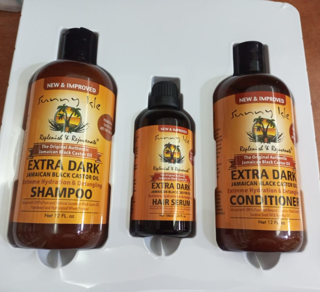 Set Sunny Isle Extra Dark Jamaican Black Castor Oil Shampoo, Conditioner & Serum