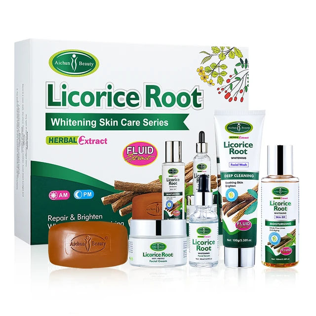 5pcs Licorice Root Face Skincare Set Anti-freckle Whitening Serum Fade Acne Marks Moisturizing Soap Cream Essence Oil Kit