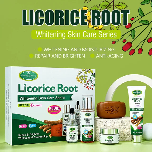 5pcs Licorice Root Face Skincare Set Anti-freckle Whitening Serum Fade Acne Marks Moisturizing Soap Cream Essence Oil Kit